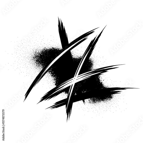 Abstract black brush strokes with splatter effect on white background  