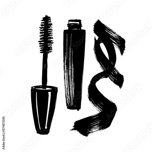 Mascara tube and brush with black strokes on white background  