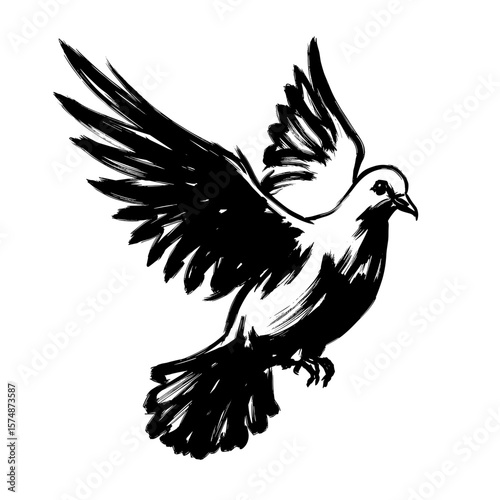 Black silhouette of a flying dove with outstretched wings  