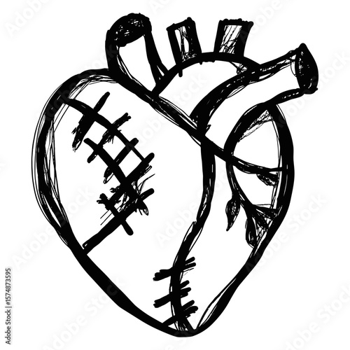 Hand-drawn heart illustration with stitched details and arteries  