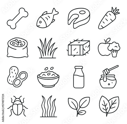 Animal food icon collection, pet nutrition symbols. simple animal feeding design set