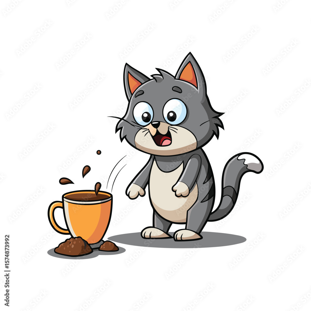 Obraz premium Mischievous Cat Knocking Over Coffee Mug Vector Illustration, Funny Cat Spill Scene, Playful Kitten with Coffee Cup on White Background, Cute Pet Mischief Design