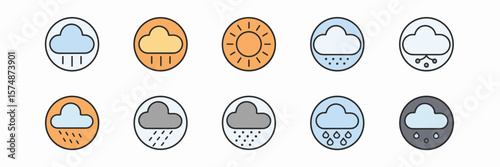 Minimalist weather icons with clouds in circle design on white background