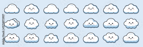 Fluffy cloud icons in line and filled style with smiley faces on blue sky