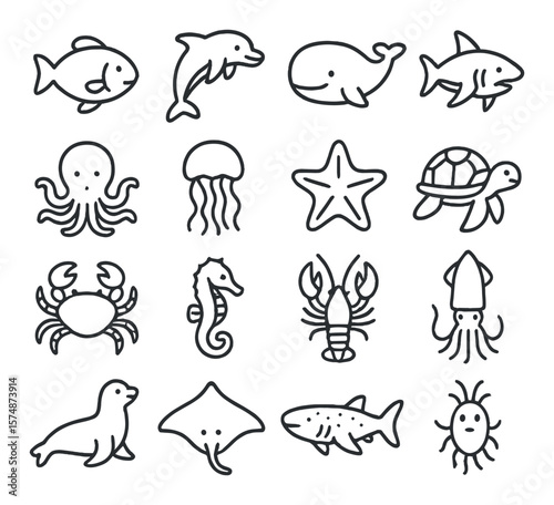Marine animal collection, sea creature symbols. ocean wildlife icon set