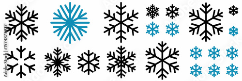 Grid of snowflake icons in minimalist and textured styles on white background