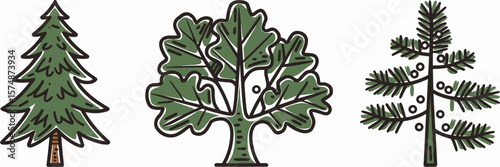 Vector icons of evergreen, oak, and pine trees on white background