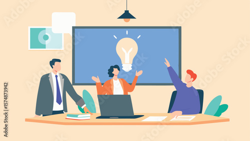 Team brainstorming session with lightbulb displayed on screen in a modern office setting showing collaboration