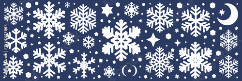 Snowflake vector icons with stars and moon on blue sky background