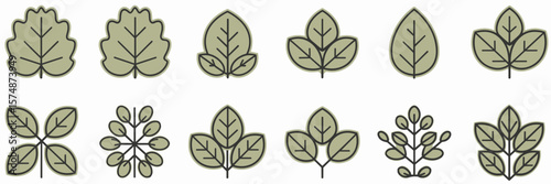 Assorted leaf icons in flat and outline styles with green fill – Perfect for garden-related design, eco-themed products, or educational resources.