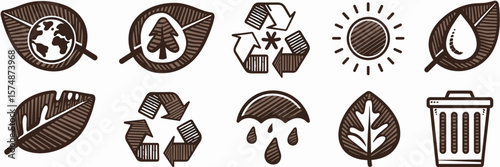 Hand-drawn eco-themed leaf icons with symbols – Perfect for sustainability infographics, recycling promotions, or eco-friendly branding.