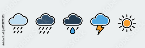 Weather icons with fluffy clouds, raindrop, lightning, and sun on white background