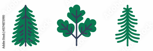 Flat vector icons of evergreen, oak, and pine trees with clean lines