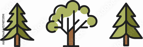 Flat style tree icons of evergreen, oak, and pine on white background
