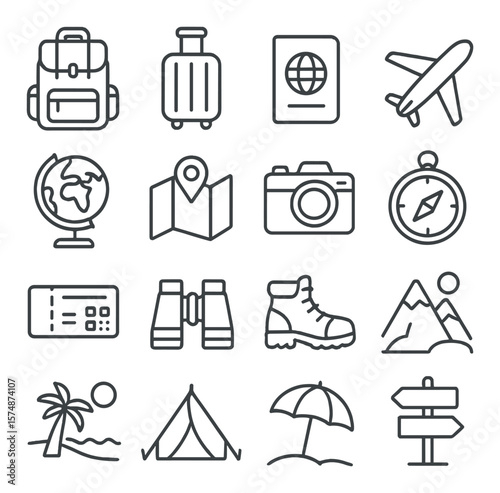Travel essentials collection, featuring journey icons. exploration and adventure pack
