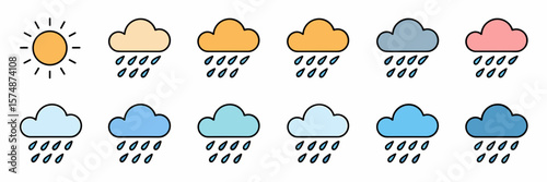 Weather icons showing sun, clouds, and various intensities of rain