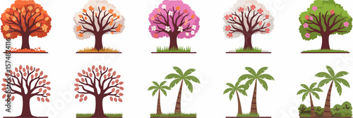 Tree icon set showing seasonal changes with tropical and temperate varieties