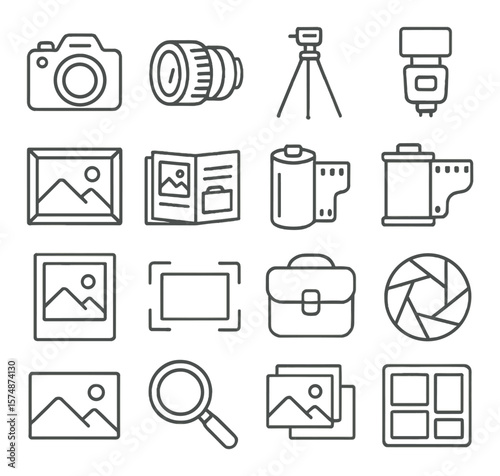 Photography gear collection, camera equipment symbols. tools for shooting and editing