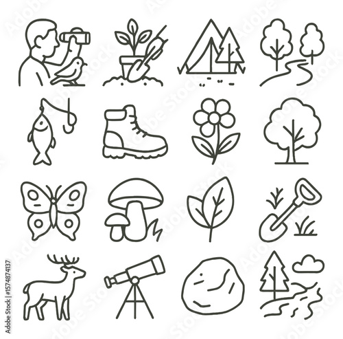 Nature icon collection for outdoor and wildlife themes. camping and gardening set