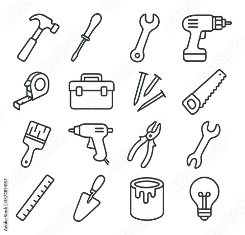 Diy tools collection, simple home improvement icons. repair and maintenance symbols set
