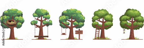 Nature-themed tree icon set featuring swing, nest, ladder, lantern, and signpost