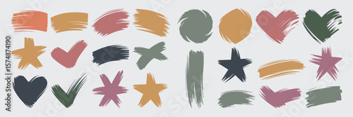 Creative brush stroke shapes including heart, star, and checkmark icons