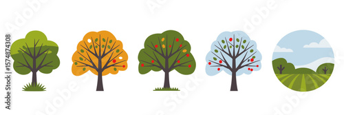Seasonal tree vector icons with berries, clouds, and rural landscapes