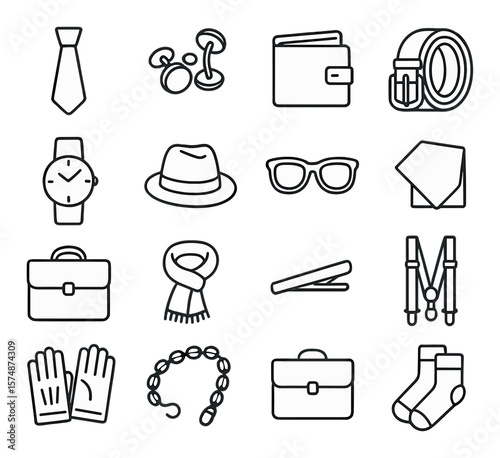 Men's accessories icon collection, simple men's wear symbols. fashion accessory set