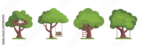 Tree icon set with rope swing, ladder, bird nest, and tree swing on white background
