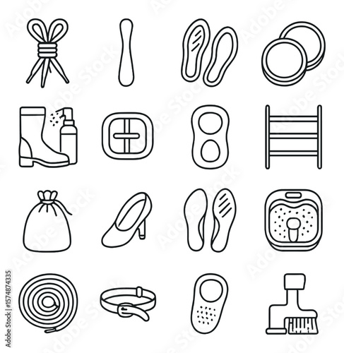 Footwear accessories collection, shoe care icons. boot maintenance and laces set.