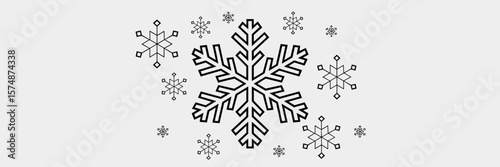 Large filled snowflake surrounded by smaller line icons on white background