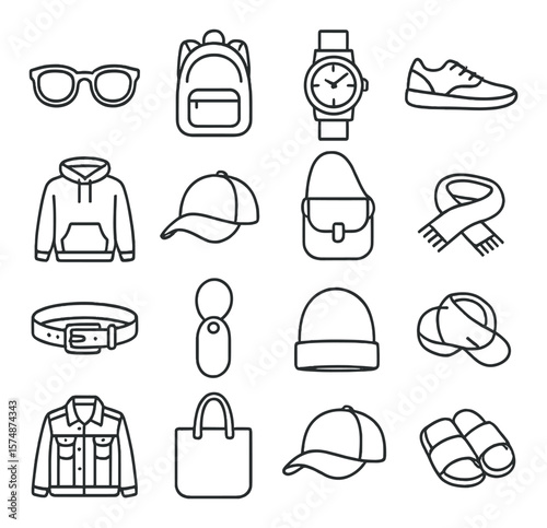 Casual accessories collection, everyday fashion elements. hats, bags, and more