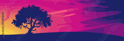 Tree silhouette with gradient orange pink and purple sky and abstract shapes