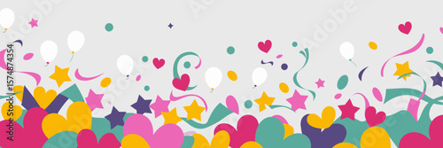 Confetti and balloons in motion on clean white background