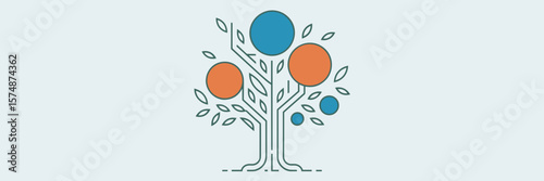 Stylized geometric tree with colorful round and thin leaves on white background