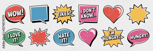 Comic speech bubbles with expressive text on white background