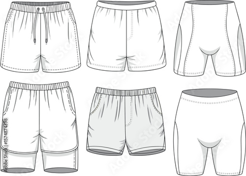 Athletic shorts collection for men, six styles, lightweight fabric, elastic waistband, versatile sportswear, modern design, casual, gym, running