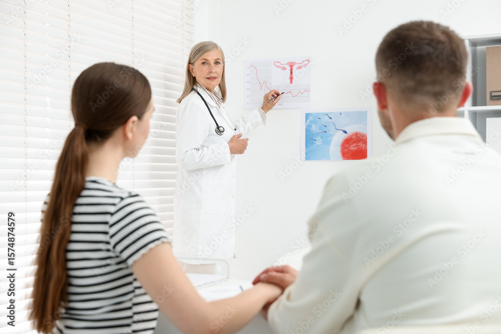 Fototapeta premium In vitro fertilization (IVF). Couple having consultation with doctor in reproductive clinic, selective focus
