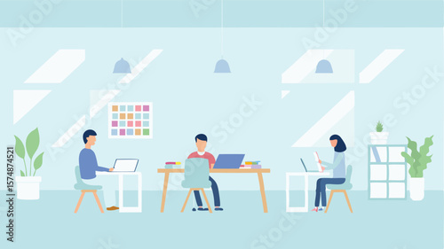 People working at desks in a light blue office space with plants and a calendar on the wall