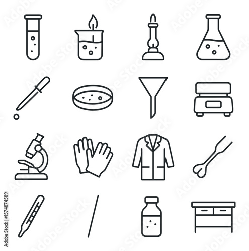 Chemistry icons collection, scientific symbols. lab and experiment design elements set