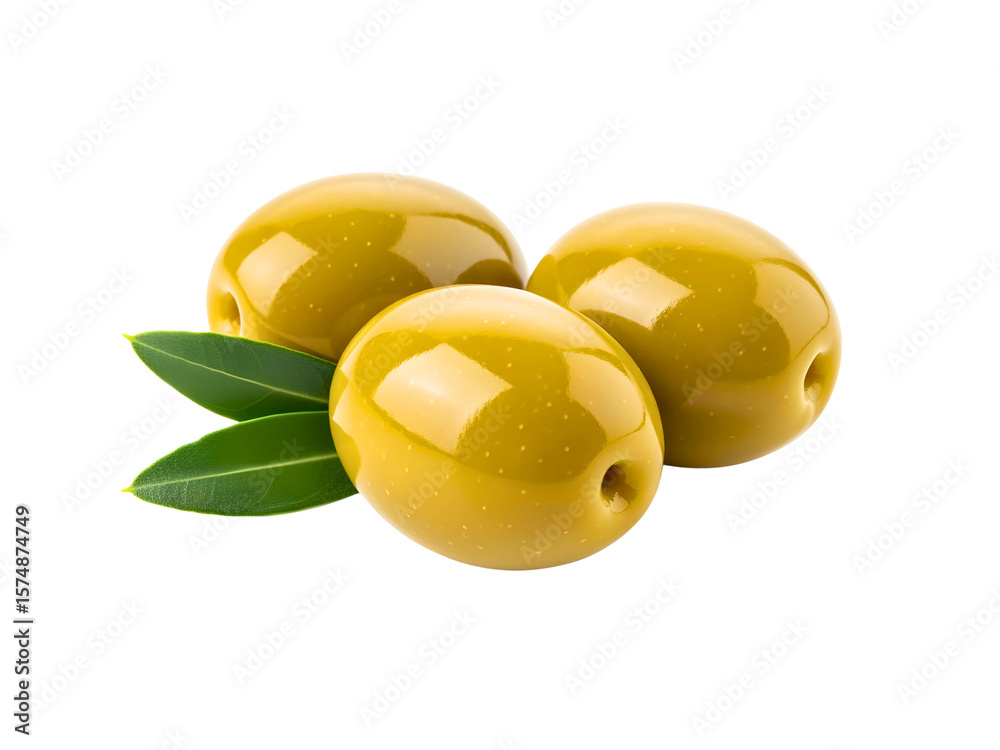 Green olives with leaves isolated on white background
Green olives with leaves isolated on white background