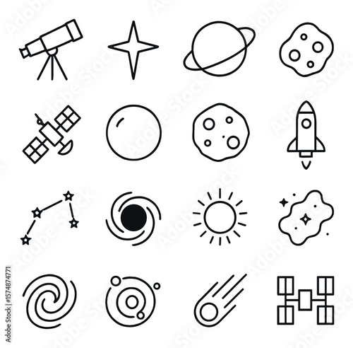 Space exploration collection, astronomy symbols. planet and spacecraft icon set