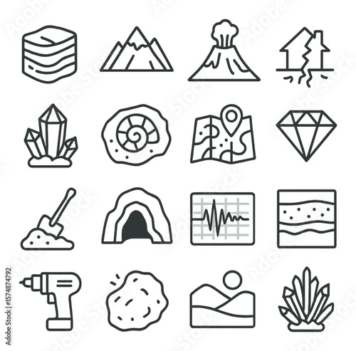 Geology icon collection, earth science symbols. mineral, seismic, and fossil design set