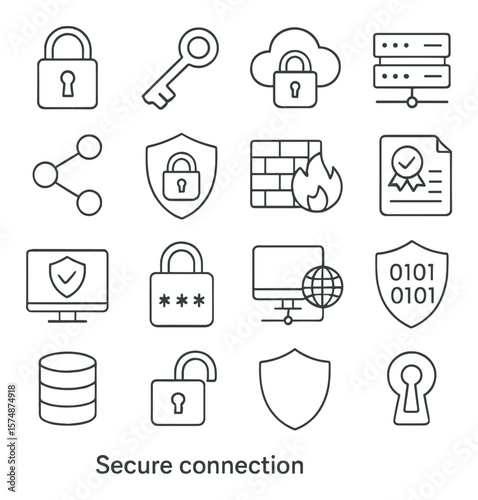 Secure connection icon collection, cybersecurity symbols. network protection set