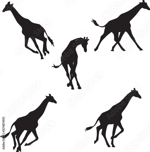 running giraffe silhouette vector, black and white giraffe in motion, minimalistic giraffe running illustration, giraffe sprint silhouette design, wild giraffe in action vector, 