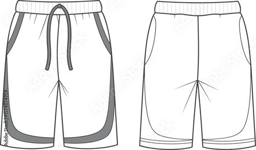 Athletic shorts design, sportswear template, front back view, comfortable fit, drawstring waistband, fashion illustration, functional apparel sketch, activewear
