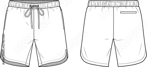 Athletic shorts front back view, drawstring waistband, casual sportswear, technical sketch, trendy design, comfortable fit, unisex clothing, fitness style