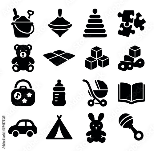 Silhouette toy collection, playful kids icons. fun and simple children’s symbols set