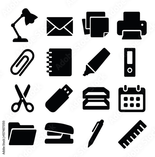 Office supplies icon collection, workplace essentials. stationery and organization symbols