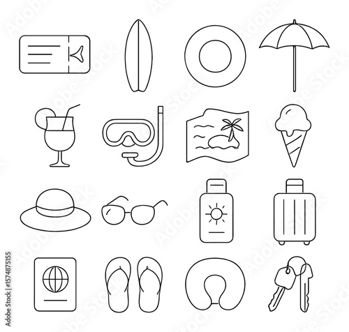 Beach travel collection, vacation and holiday symbols. ocean getaway essentials set